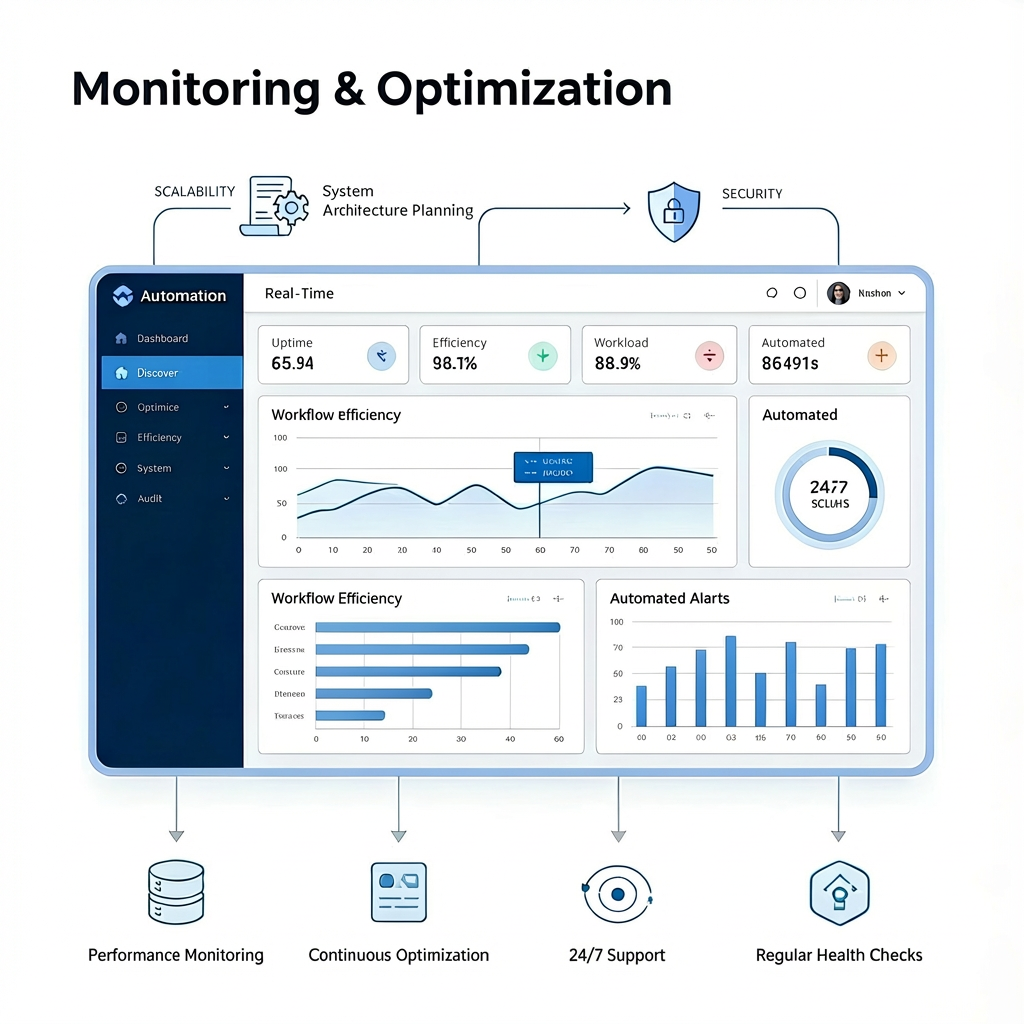 Automateforme monitoring and optimization phase showing dashboards with performance metrics, continuous optimization, 24/7 support, and regular system health checks.